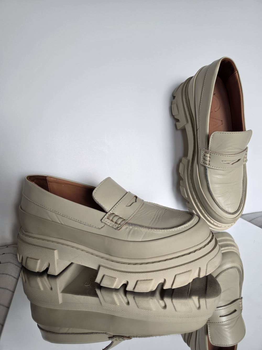Ganni Chunky Lug Sole Loafers in Light Beige